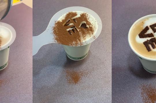 3 steps to stencil love onto a coffee with cocoa powder