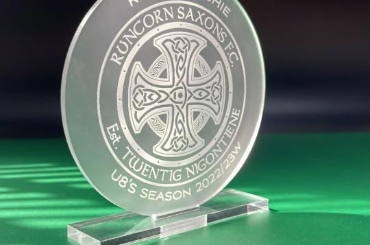 Laser cut custom acrylic trophy for Runcorn Saxons FC