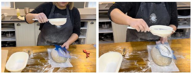 Student decorating bread with a leaf pattern using a stencil and flour