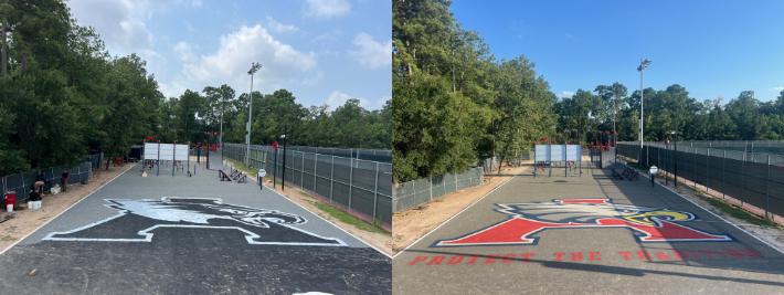 Team logo stencil design on basketball court